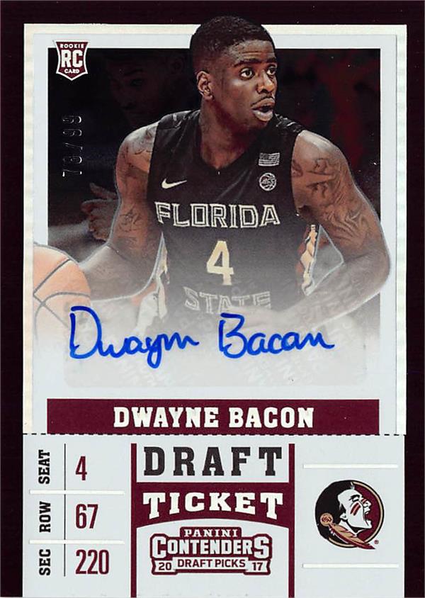 737542 Dwayne Bacon Autographed Basketball Card - Florida State Seminoles 2017 Panini Contenders Draft Rookie No.84 LE 78 & 99