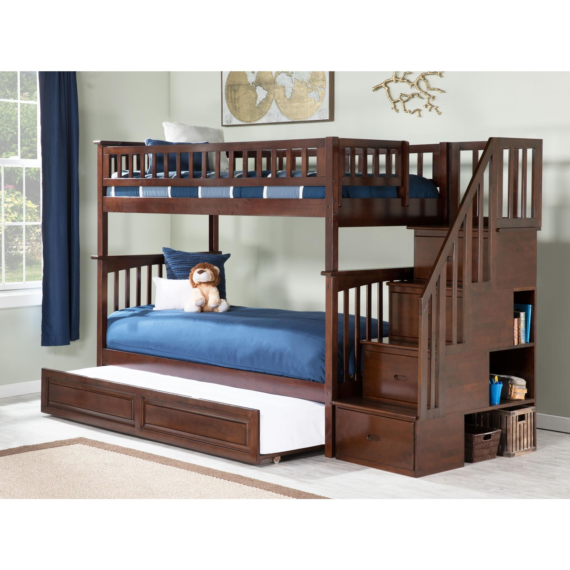 Picture of Atlantic Furniture AB55634 Columbia Staircase Bunkbed with Raised Panel Trundle Bed, Twin over Twin Size - Antique Walnut