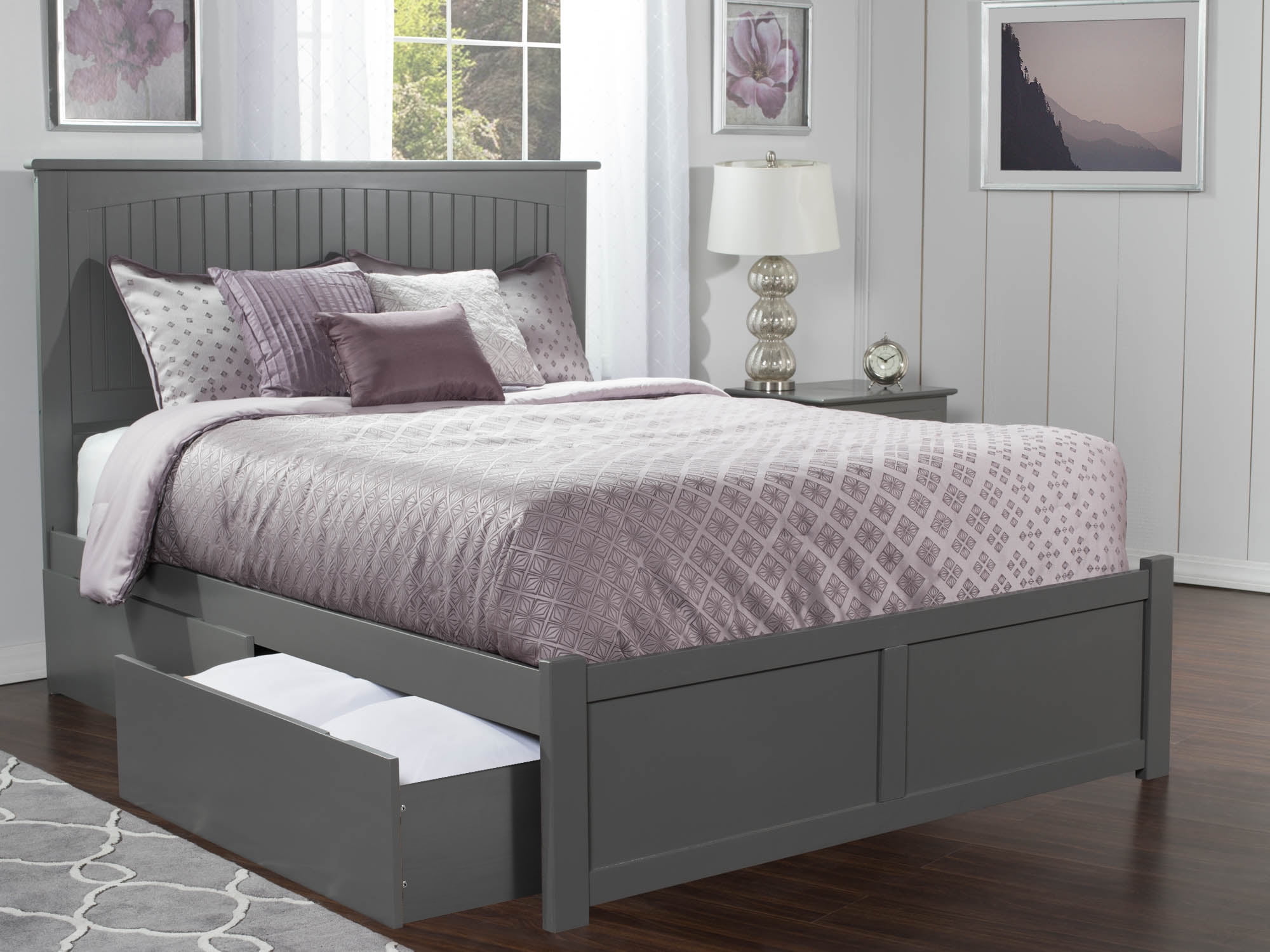 Picture of Atlantic Furniture AR8242119 Nantucket Queen Platform Bed with Flat Panel Foot Board & 2 Urban Bed Drawers - Grey