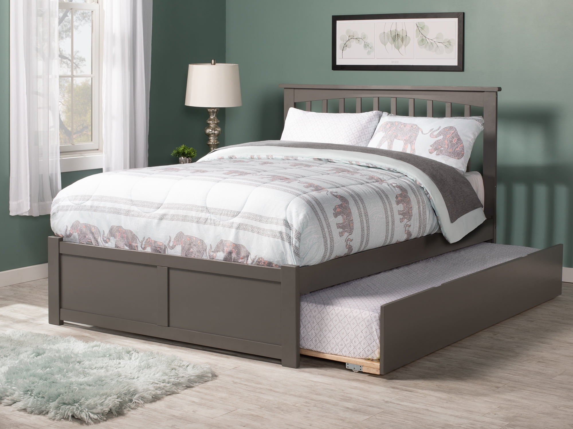 AR8732019 Mission Full Platform Bed with Flat Panel Foot Board & Twin Urban Trundle Bed - Grey -  Atlantic Furniture