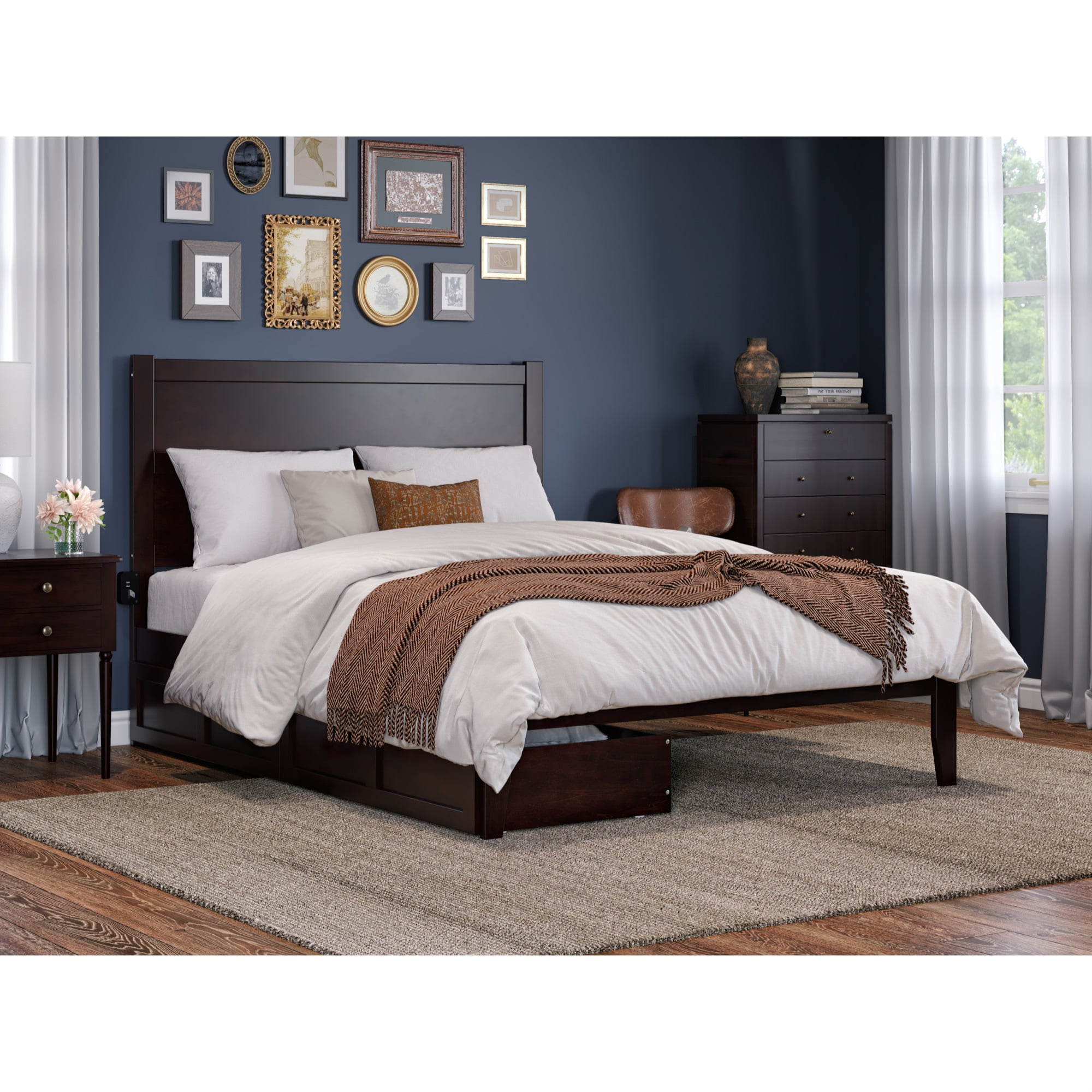 AG9113441 Solid Wood Platform Bed with Storage Drawers & Attachable USB Charger, Espresso - Queen Size -  Noho