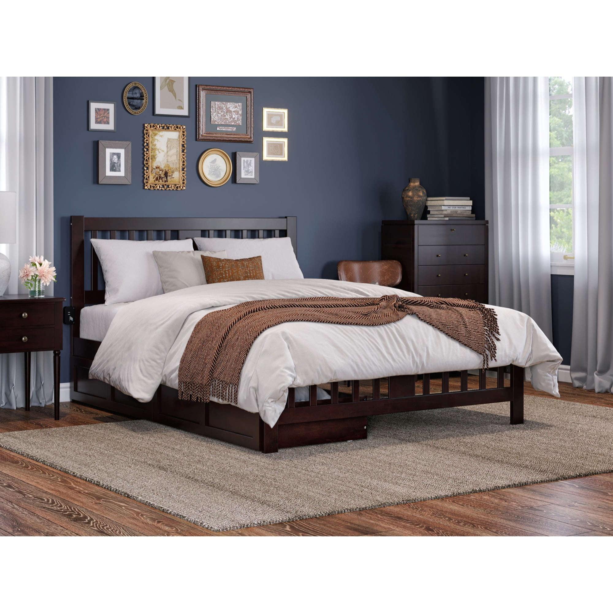 AG8963441 Solid Wood Platform Bed with Footboard, Storage Drawers & Attachable USB Charger, Espresso - Queen Size -  Tahoe