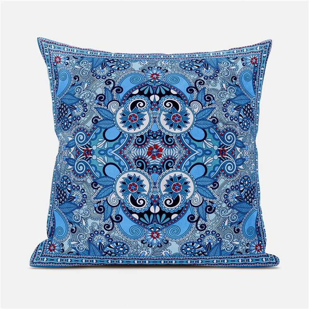 Picture of Amrita Sen Designs CAPL1006FSDS-ZP-18x18 18 x 18 in. Floral Paisley Suede Zippered Pillow with Insert - Blue&#44; Red & White