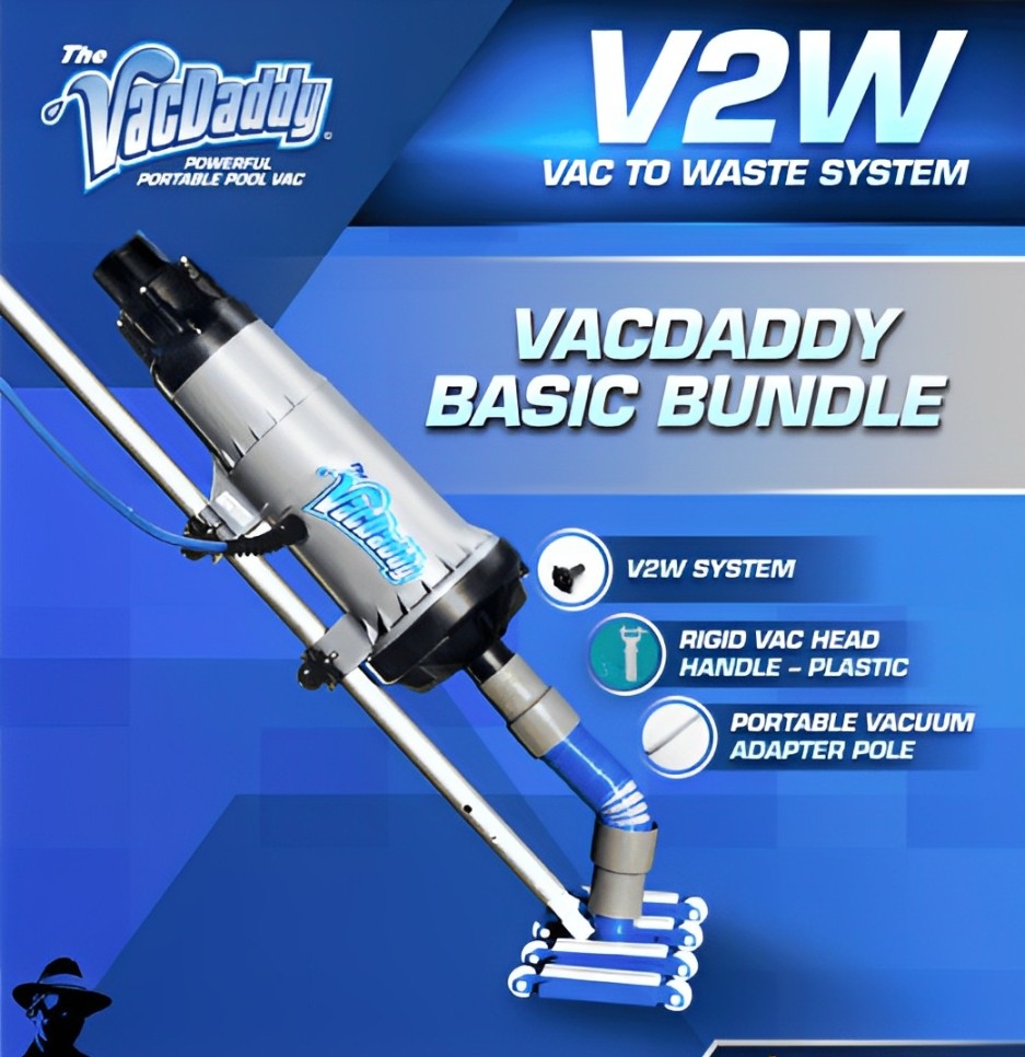 The Basic Bundle with VacDaddy pool vacuum, includes Vacuum to Waste Kit, Shallow Water Adapter, 28 Aluminum Adapter Pole and Rigid Vac Head Handle.