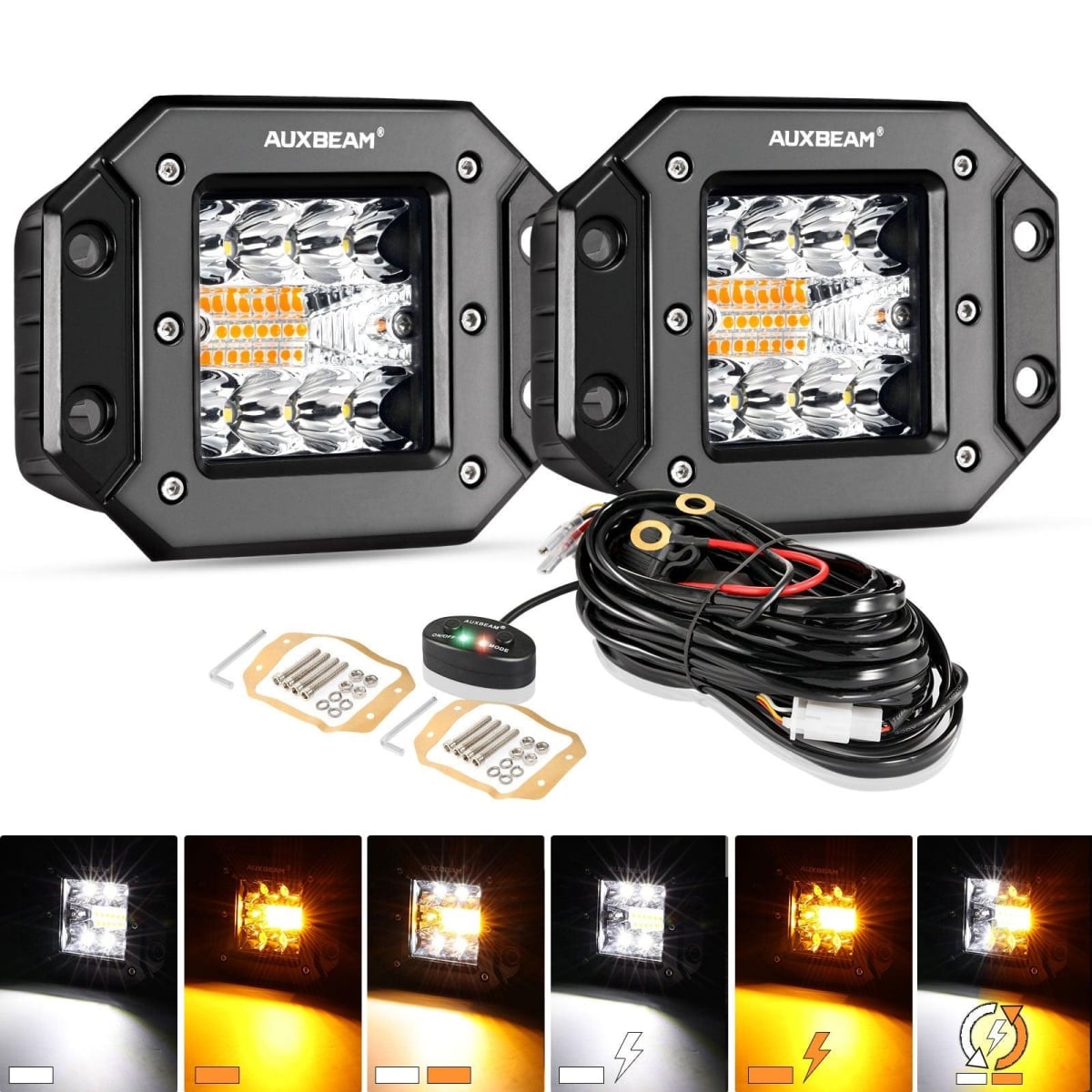 ZD000656 (2pcs/set) 3 inch 6 Modes White&Amber LED Square Light Pod Working Lights with Wiring Harness