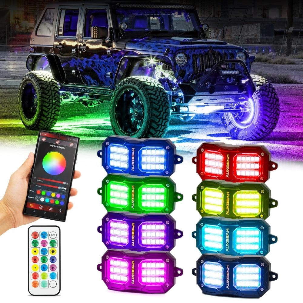 QP011600 (8pcs/set) RGB LED Rock Lights Kit Multicolor Neon Underglow Lights with Bluetooth APP & Remote Control