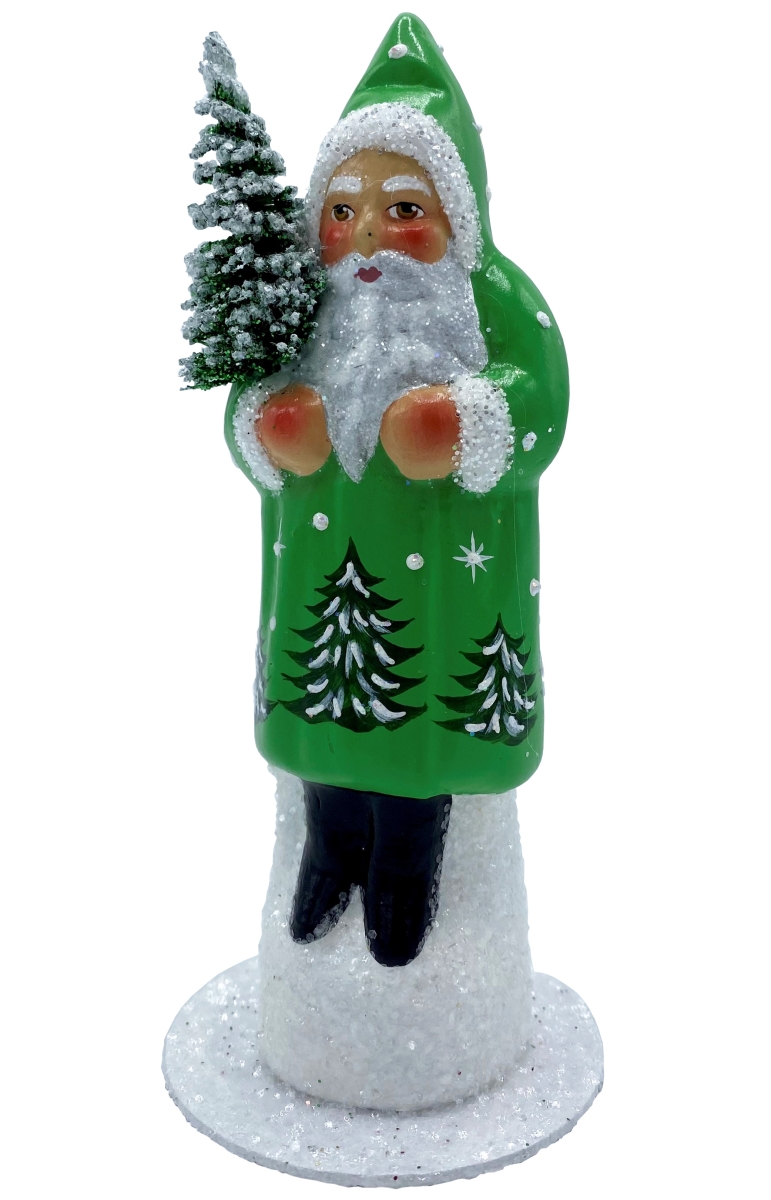 23152 6 x 2.5 x 2.5 in. Paper Mache Candy Container - Santa in Green Shiny Coat with Tree Scene