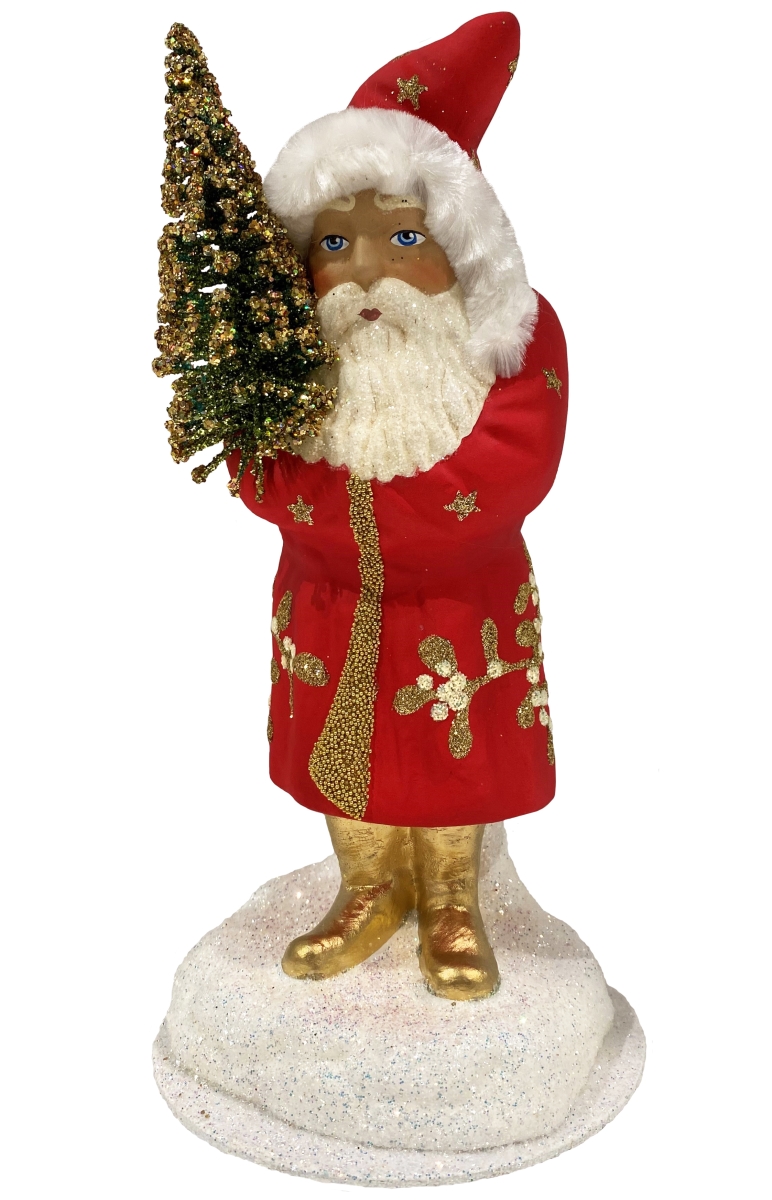 2423S 9 x 4.75 x 4.75 in. Paper Mache Candy Container - Santa in Light Red with Leaf Decor