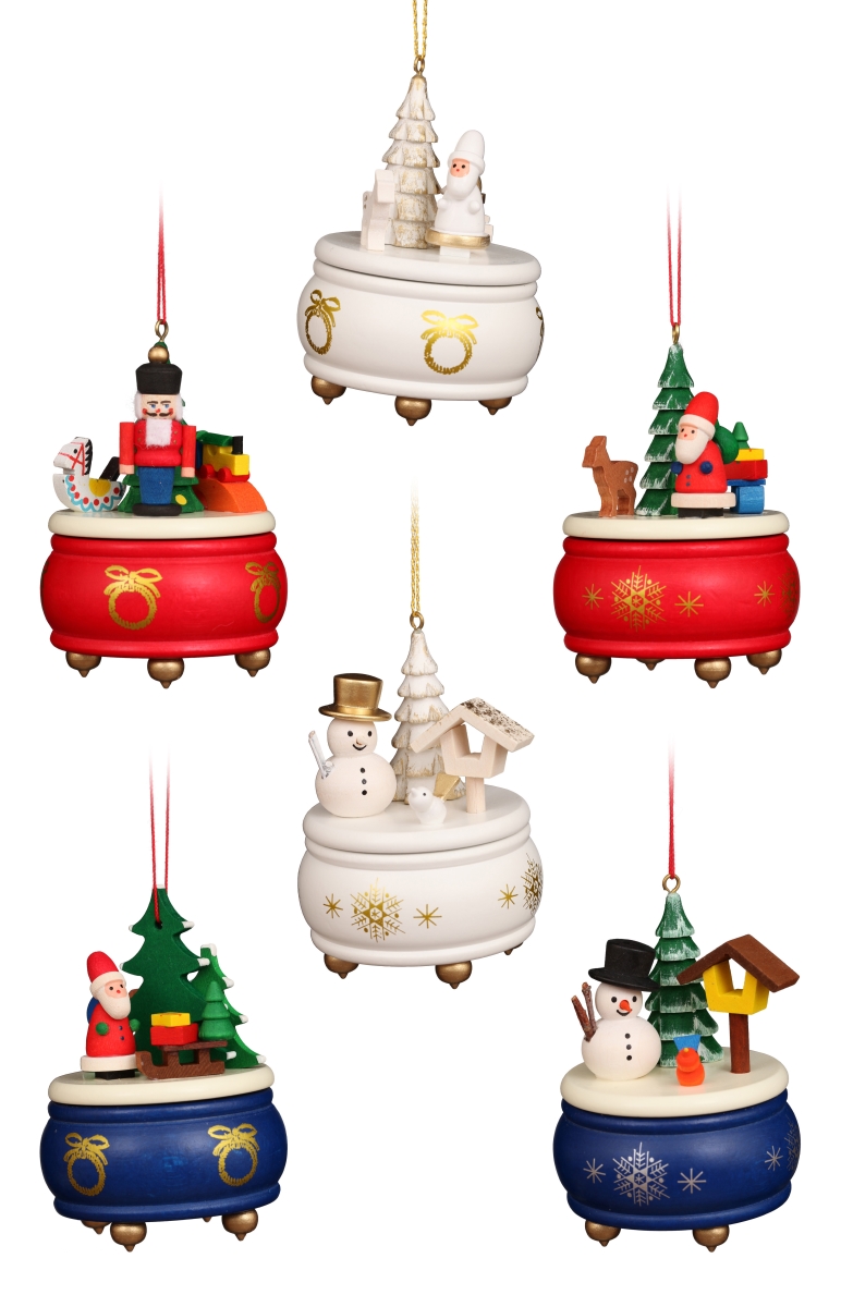10-0927 3 x 2.5 x 2.5 in. Assorted Music Boxes Christmas Handcrafted Wooden Ornaments - Red, Blue & White