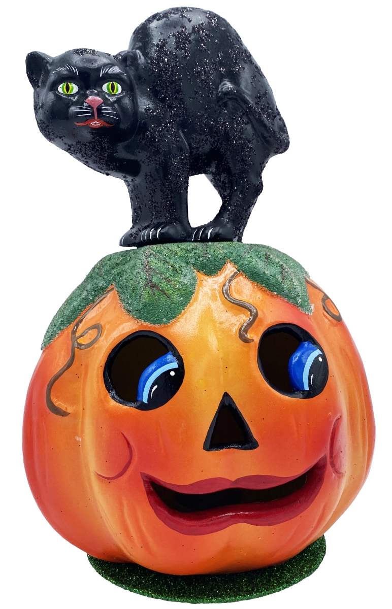 441 10.5 x 7 x 7 in. Paper Mache Candy Container Scaredy Cat on Jack-O-Lantern