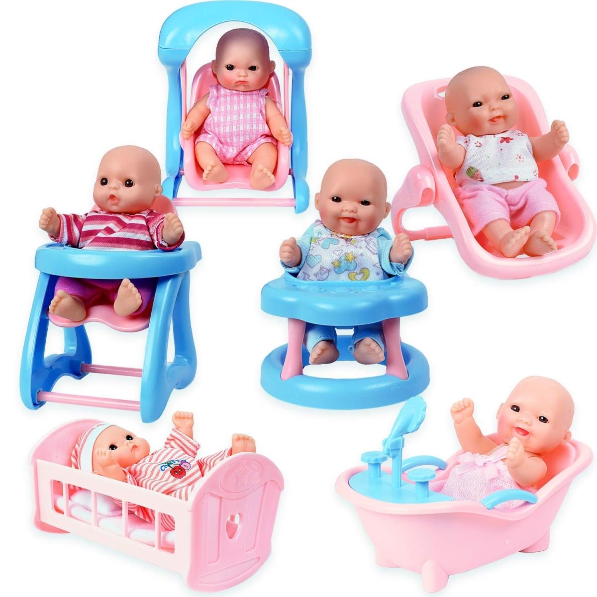 Mini Dolls with Cradle, High Chair, Walker, Bathtub, Swing & Baby Seat - Set of 6 -  Snag-It, SN1258970