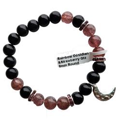 Azure Green JB8ROM 8 mm Rainbow Obsidian & Strawberry Quartz & Moon Bracelet