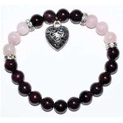 JB8GARH 8 mm Garnet & Rose Quartz with Heart Bracelet