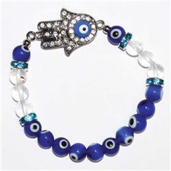 Evil Eye & Clear Quartz Bracelet - Multicolor - 8 mm - Elastic Cord - Hand Charm
