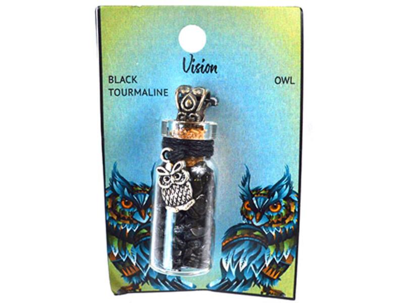 JNCBT Black Torrmaline Chips in Bottle with Owl Necklace