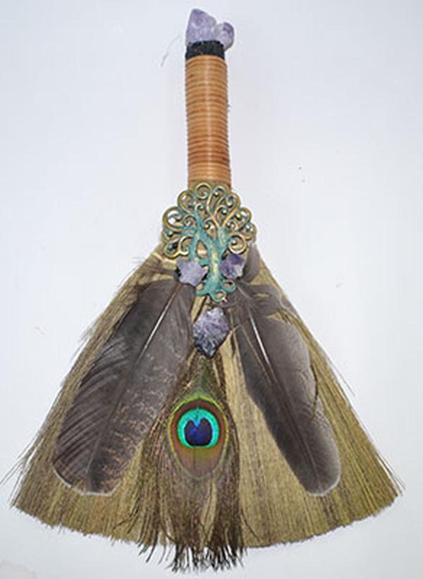 FBRM025 13 in. Ritual Broom with Peacock Feather