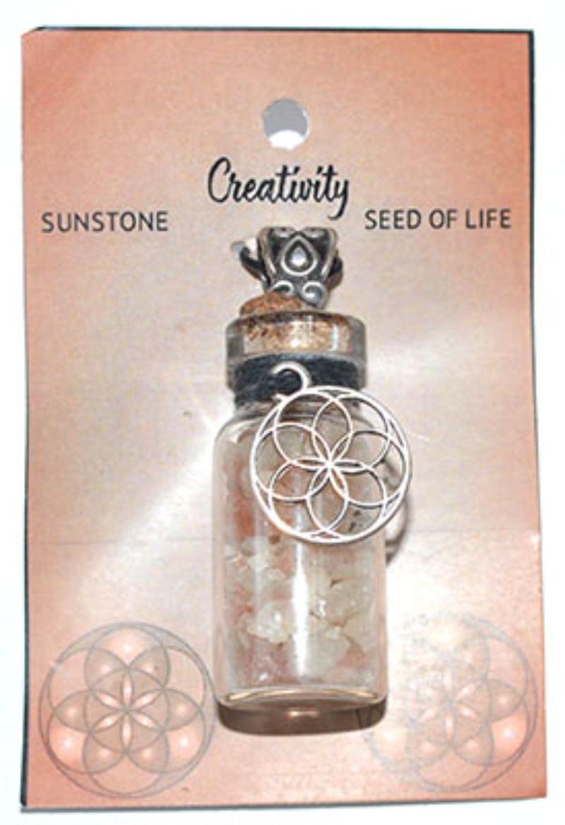JNCSUN Sunstone Chips in Bottle with Seed of Life Necklace