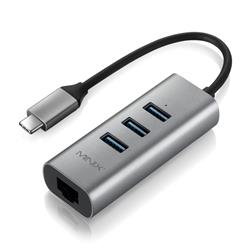 NEO C-UEGR USB-C 3 x USB 3.0 LAN 4 Ports Gigabit Ethernet Adapter, Gray