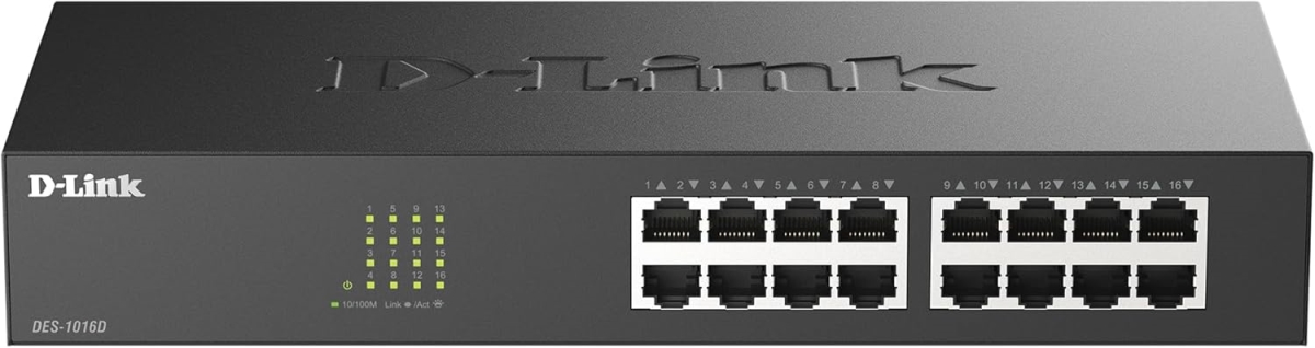 DES-1016D 16 Port Fast Ethernet Switch Unmanaged 10-100 Mbps Desktop Rackmount Switch, Black