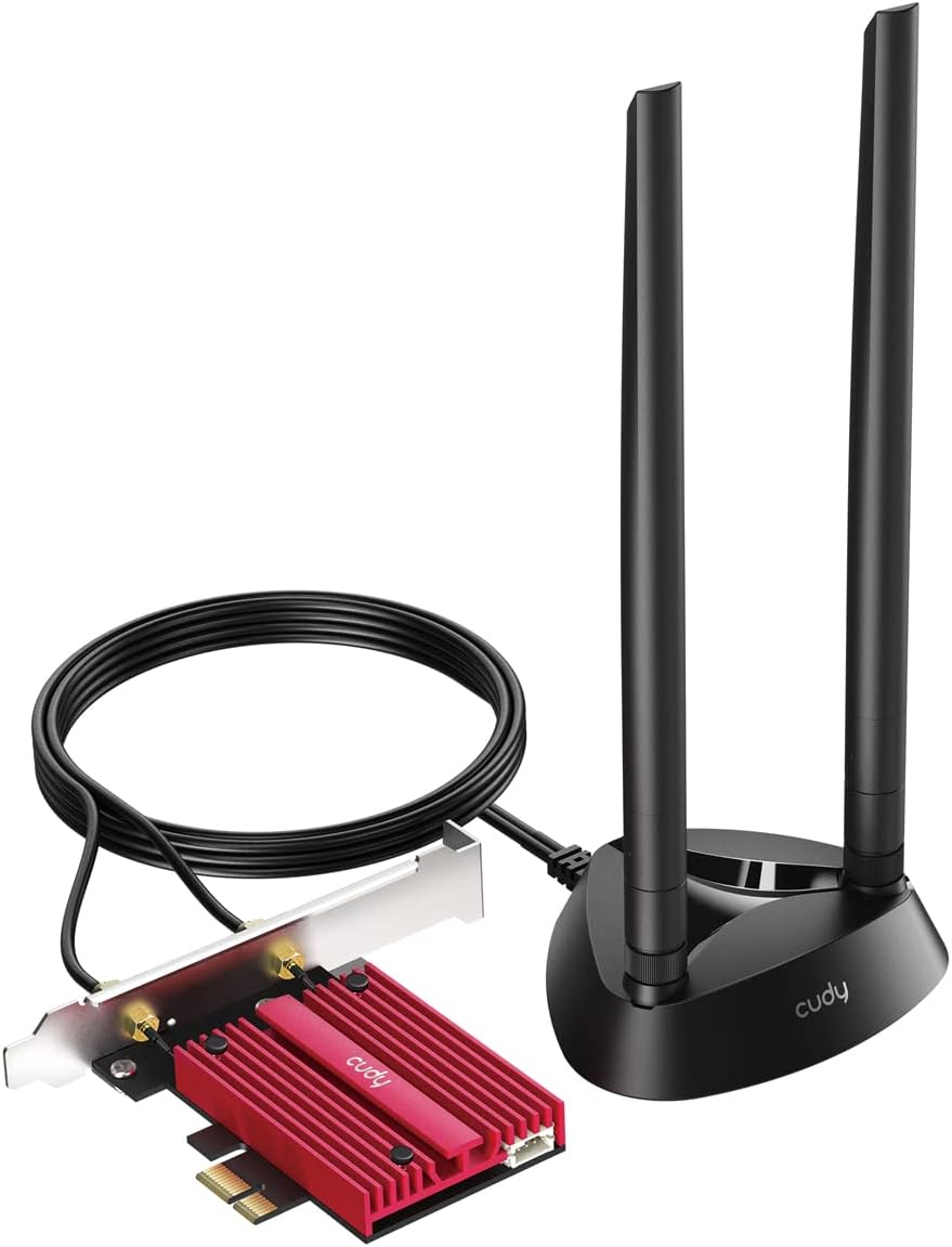 Picture of Cudy WE9300S 6GHz Tri-Band Wireless Intel BE200 Chipset Bluetooth 5.4 High Gain Antenna PCIe Wi-Fi Card Adapter with Heatsink for PC - Black & Red