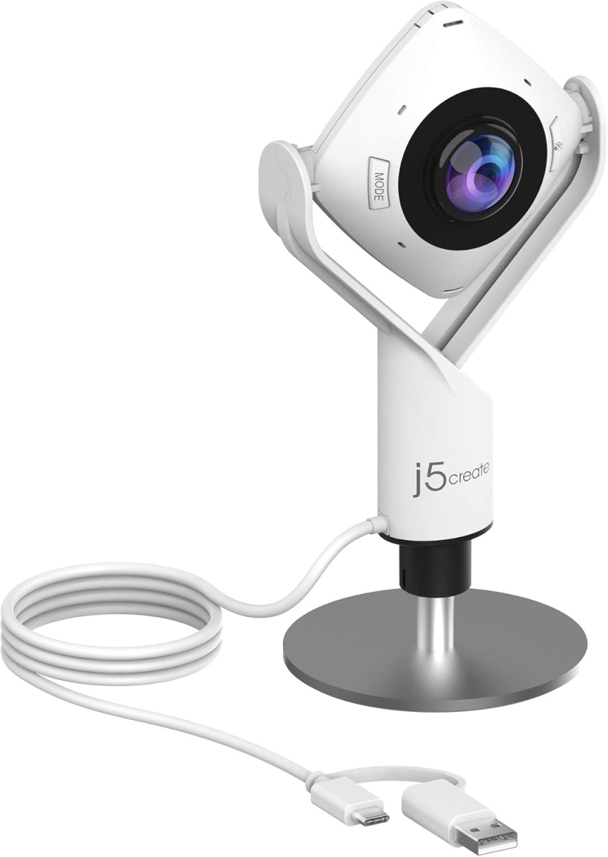 JVCU360 360 Deg All Around USB-C USB2.0 Type-A Webcam with High Fidelity Microphone, White & Black