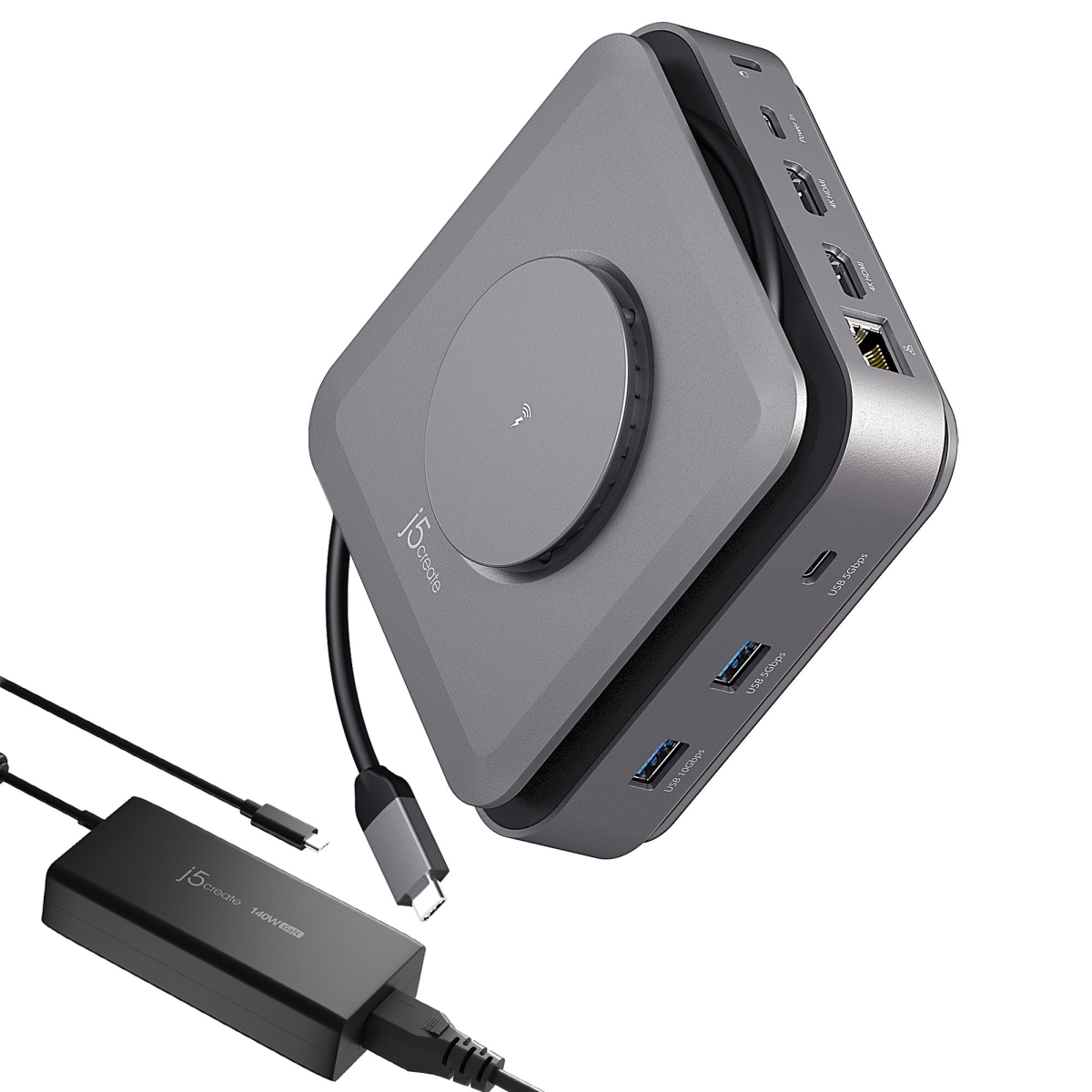 JCD3199P USB-C Dock Dual 4K HDMI Hub with 140W GaN PD3.1 Power Adapter