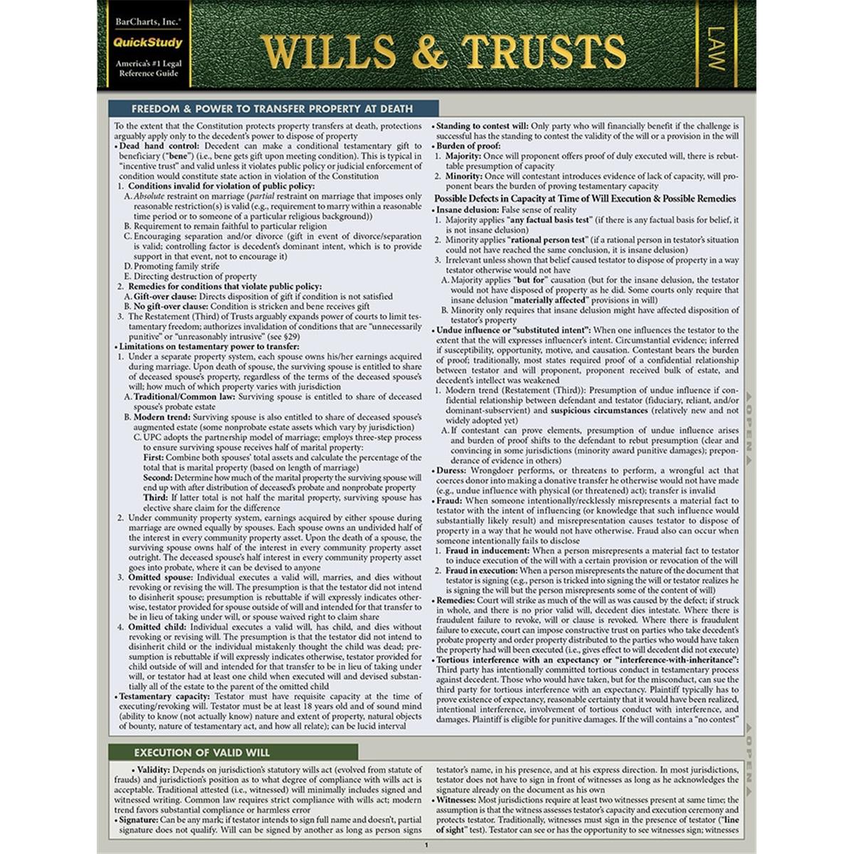 Picture of BarCharts 9781423236603 Wills & Trusts Laminated Reference Guide