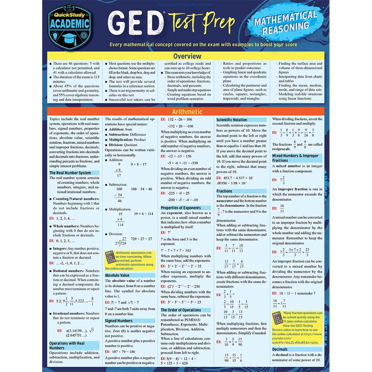 9781423239826 GED Test Prep - Mathematical Reasoning Laminated Study Guide -  BarCharts
