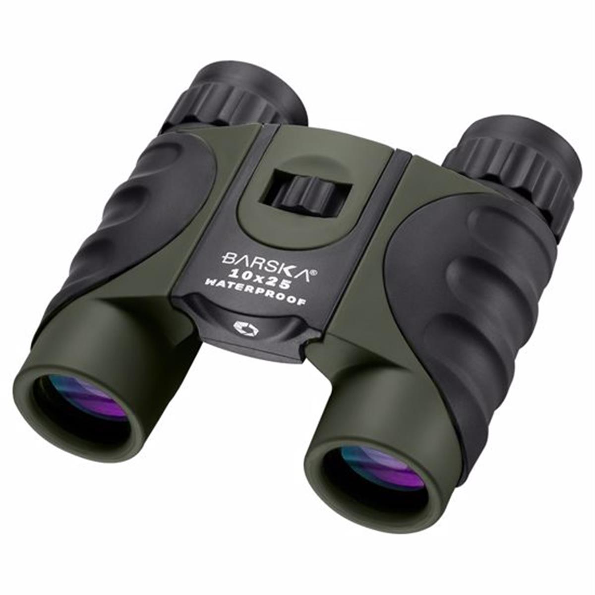 Picture of Barska AB12723 10 x 25 mm Waterproof Compact Binoculars with Blue Lens Clamshell Pack - Green