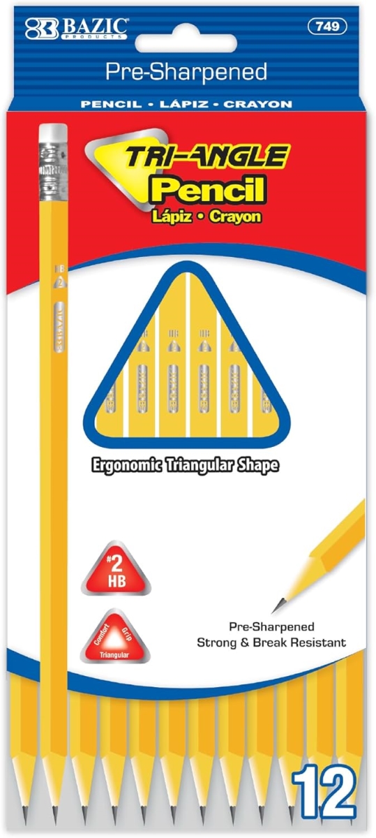 Bazic 749 Pre Sharpened Wood 2 HB Triangle Pencils with Latex Eraser, Yellow - 12 Per Pack