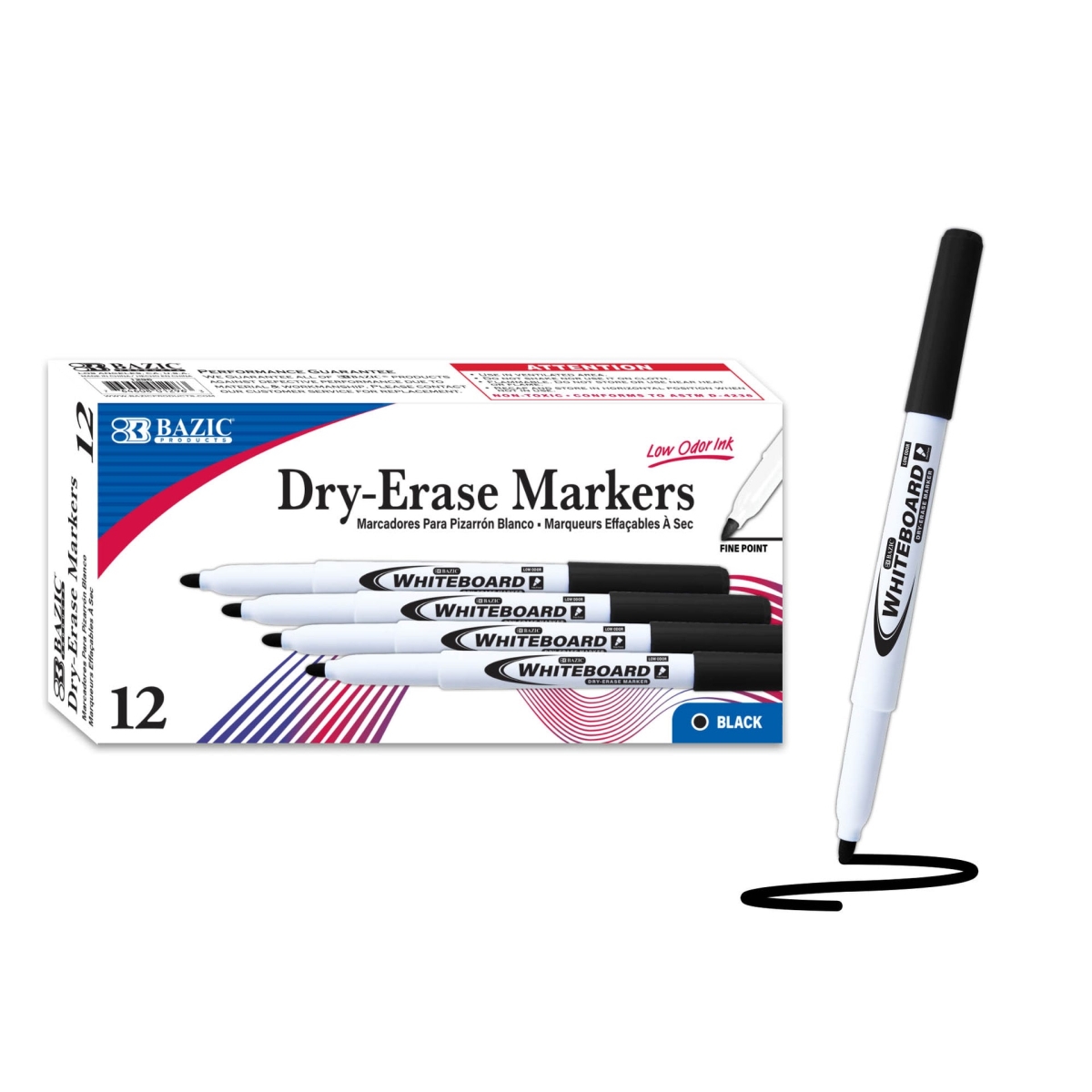 Bazic 1296 Fine Tip Dry-Erase Markers, Black - 12 per Box