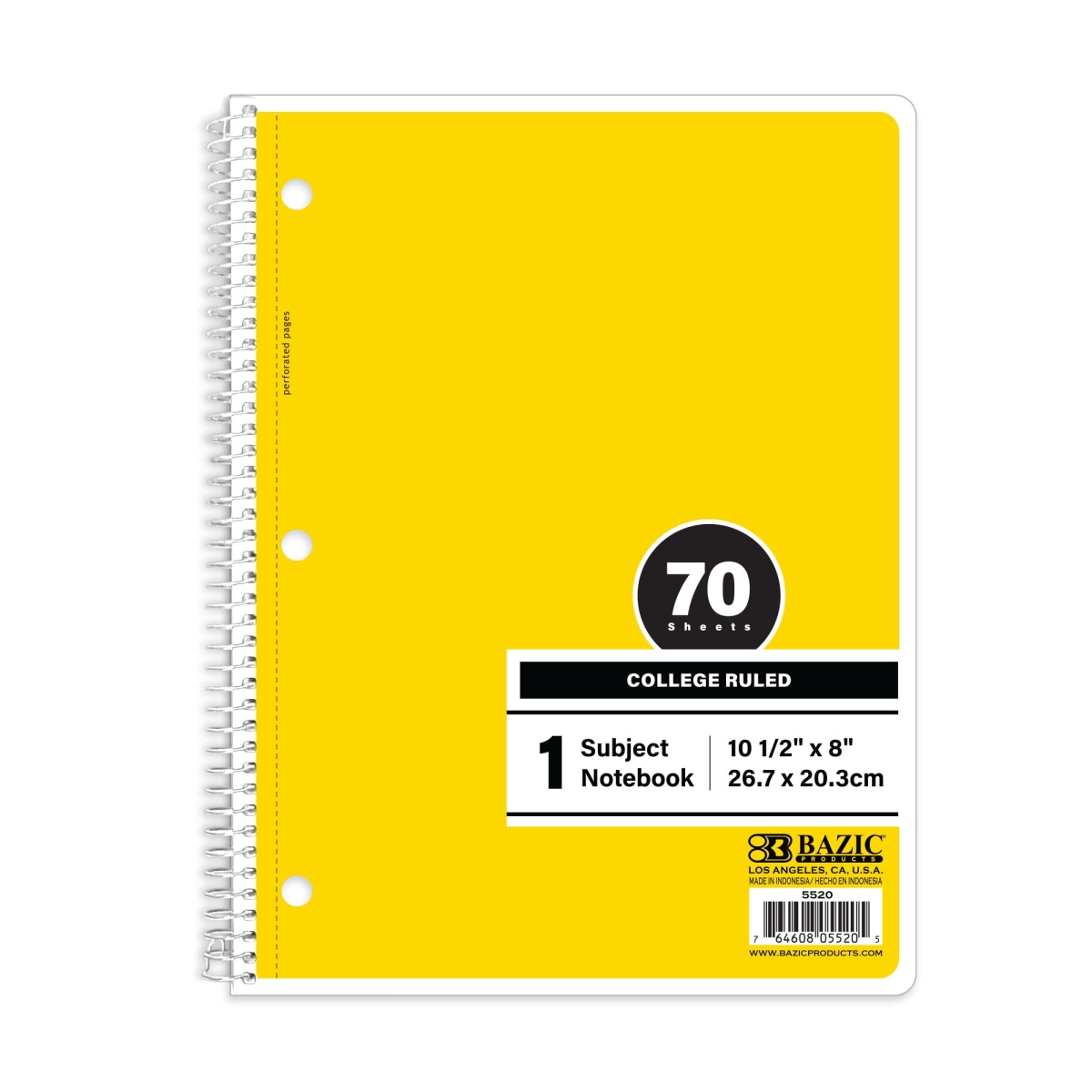 Bazic 5520 C-R 1-Subject Spiral Notebook, Yellow - 70 Sheets