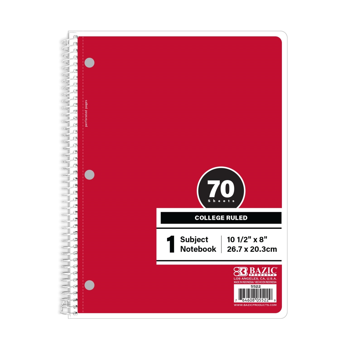 Bazic 5522 C-R 1-Subject Spiral Notebook, Red - 70 Sheets