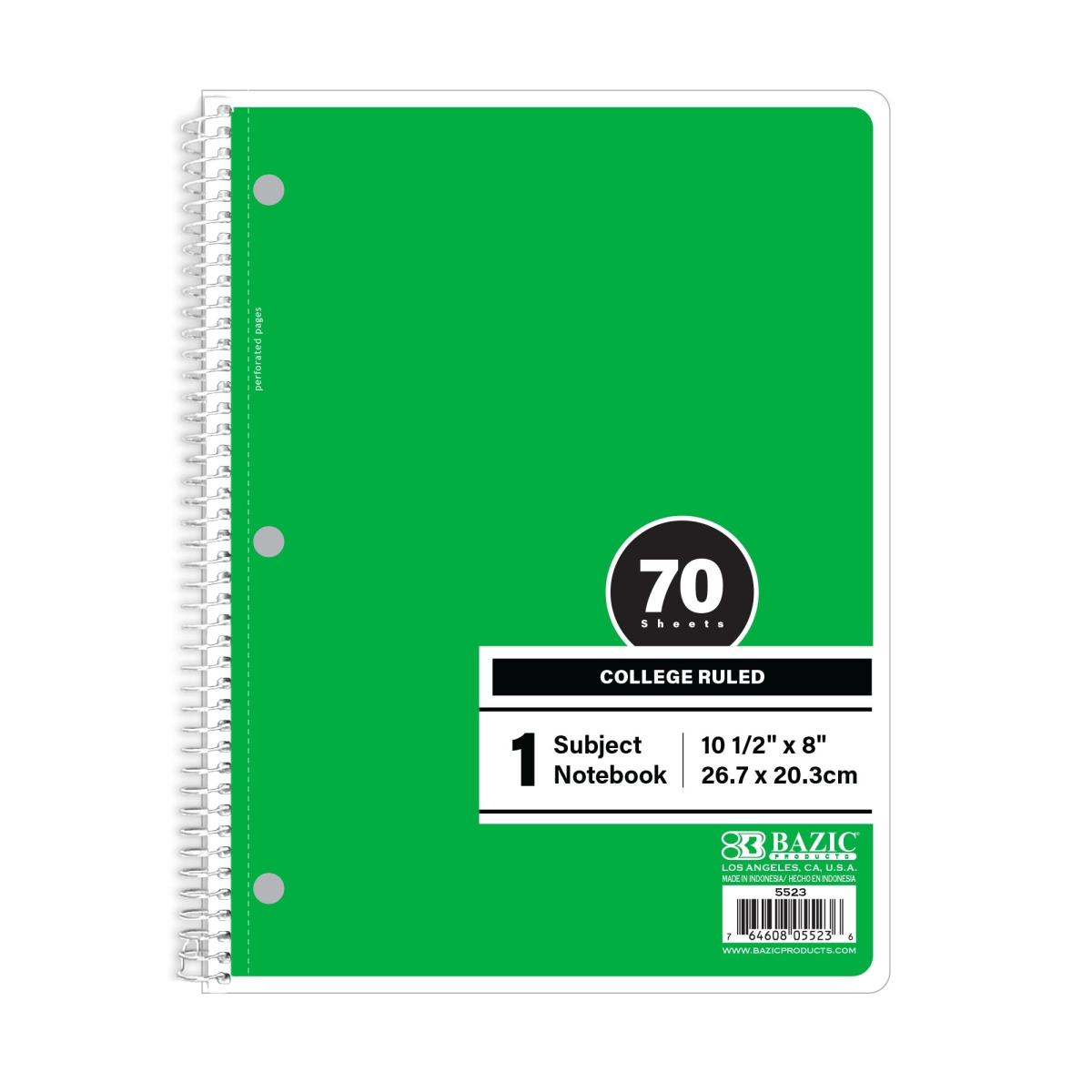 Bazic 5523 C-R 1-Subject Spiral Notebook, Green - 70 Sheets