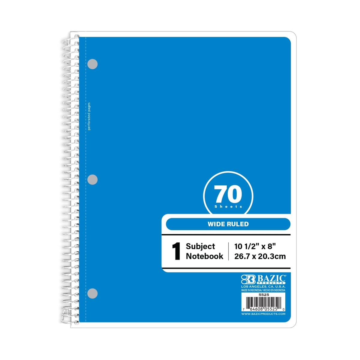 Bazic 5525 W-R 1-Subject Spiral Notebook, Blue - 70 Sheets