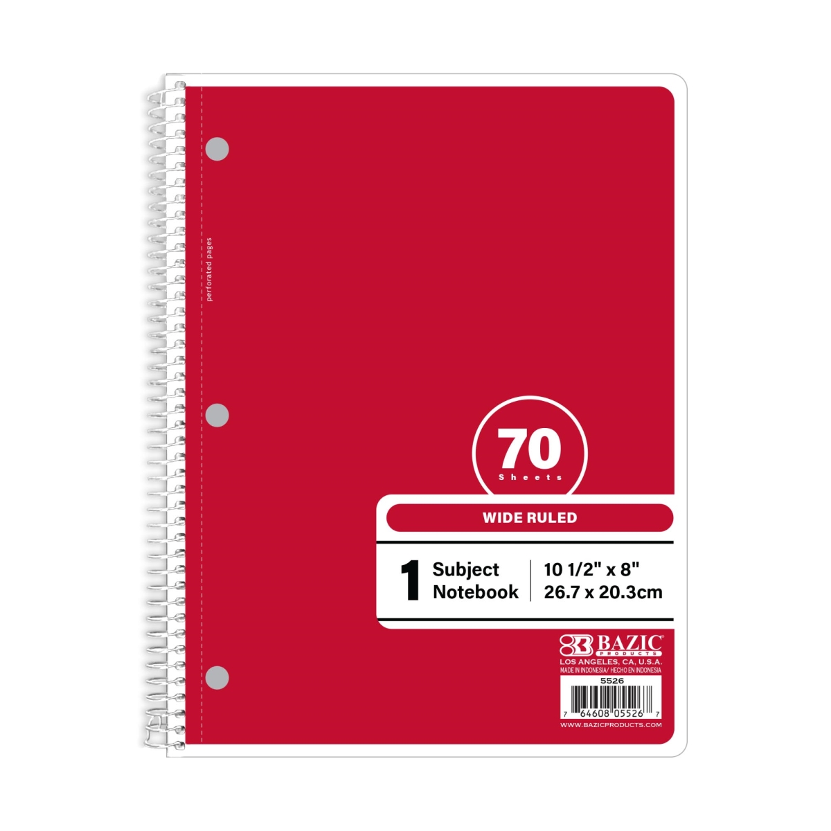 Bazic 5526 W-R 1-Subject Spiral Notebook, Red - 70 Sheets
