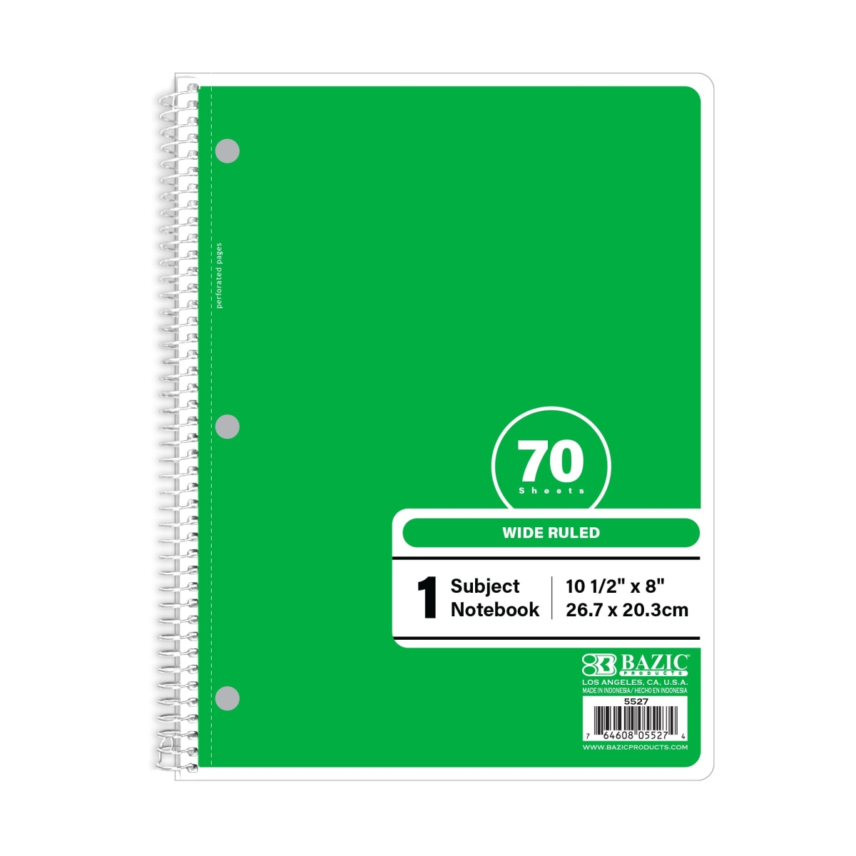Bazic 5527 W-R 1-Subject Spiral Notebook, Green - 70 Sheets