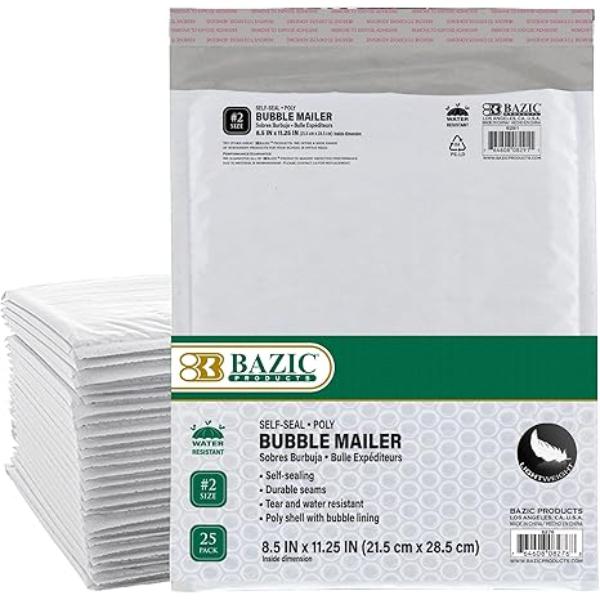 Bazic 8276 8.5 x 11.25 in. No.2 Polyethylene Bubble Mailers, White - Pack of 25