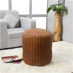 14 x 14 x 14 in. Solid Handmade Goat Leather Round Pouf, Beige