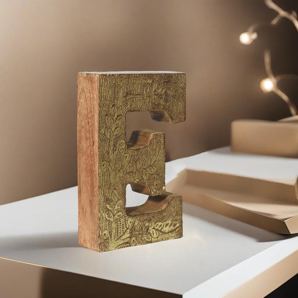 UBBBMH6239SCEHS Vintage Natural Gold Handmade Eco-Friendly E Alphabet Letter Block for Wall Mount & Table Top Decor