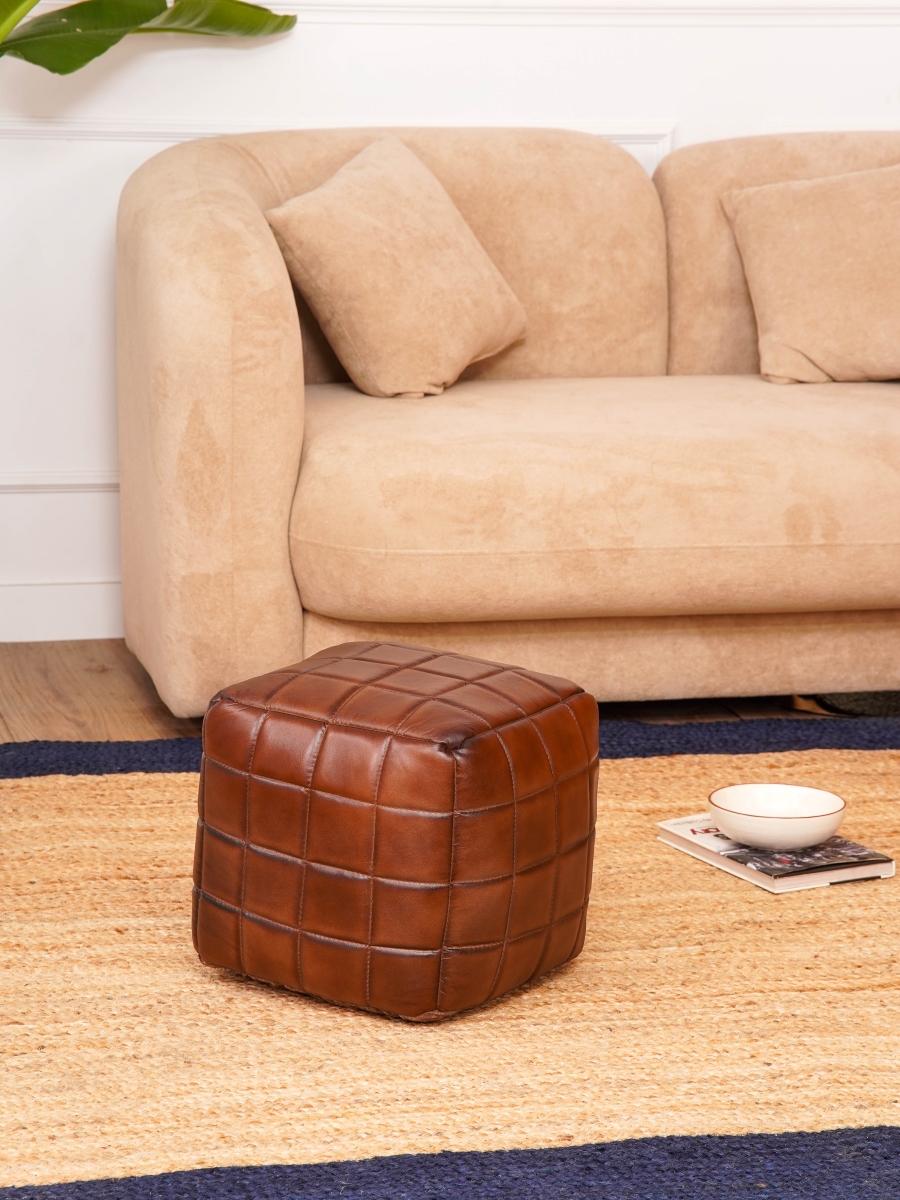 UBBBBACPF23SC04C3HS 21 x 21 x 12 in. Handmade Eco-Friendly Square Shaped Stuffed Goat Leather Pouf, Brown
