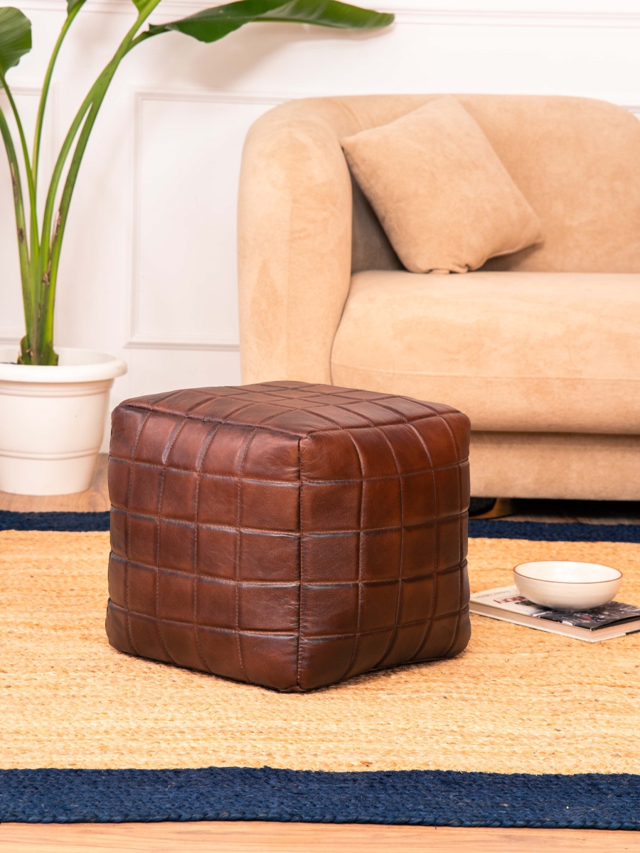 UBBBBACPF23SC04C4HS 16 x 16 x 16 in. Handmade Eco-Friendly Square Shaped Stuffed Goat Leather Pouf, Brown