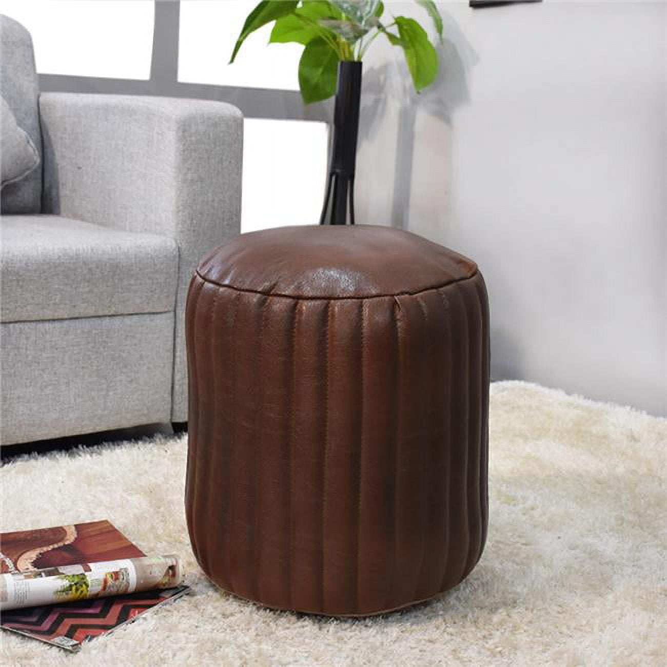 18 x 18 x 18 in. Solid Handmade Goat Leather Round Pouf, Brown