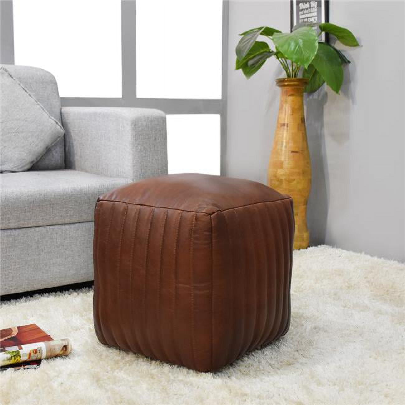 14 x 14 x 14 in. Solid Handmade Goat Leather Square Pouf, Brown