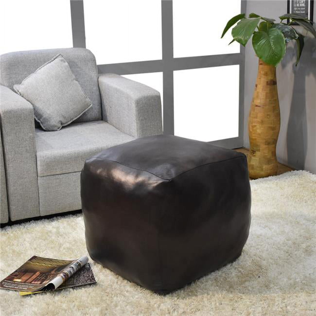 14 x 14 x 14 in. Solid Handmade Goat Leather Square Pouf, Black