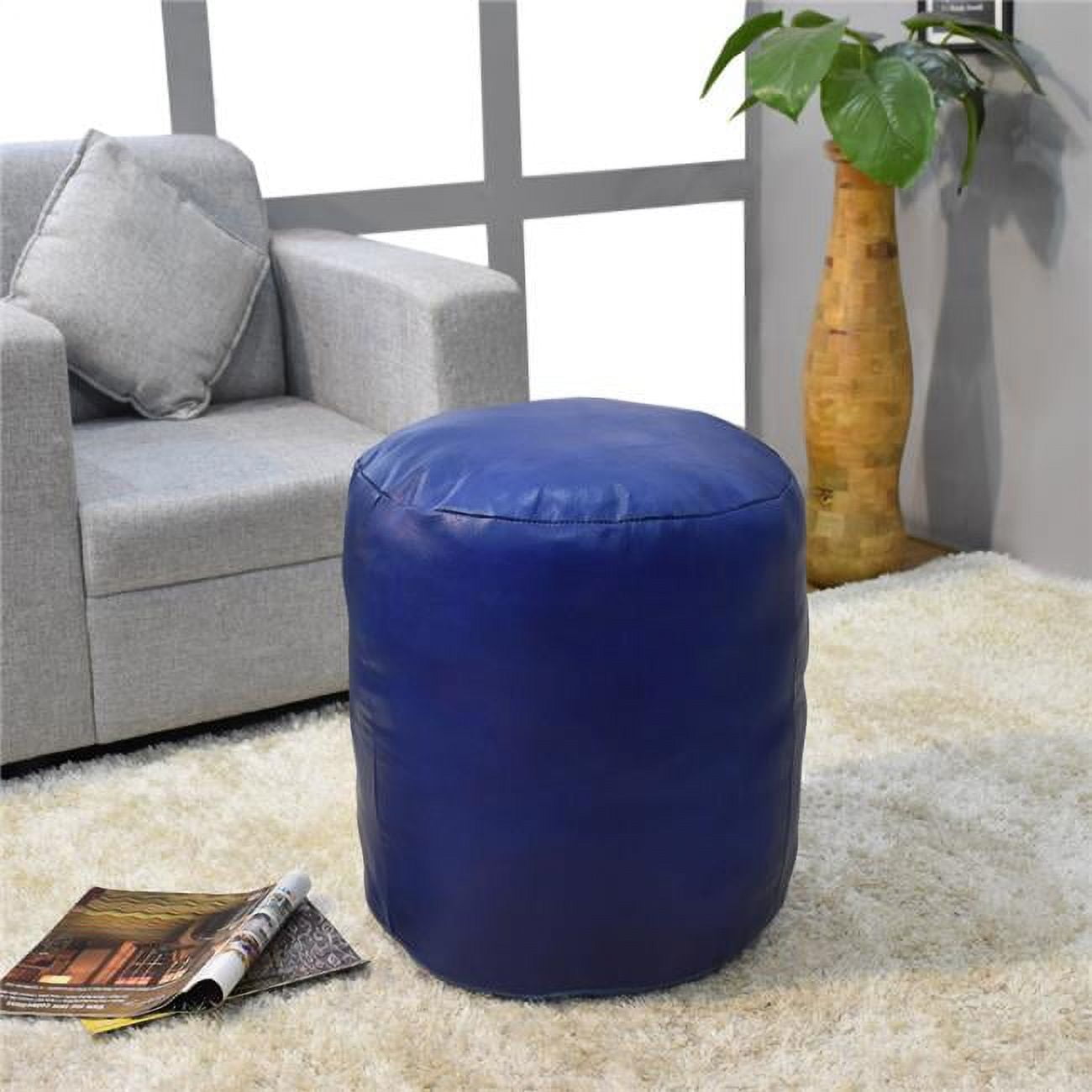 18 x 18 x 18 in. Solid Handmade Goat Leather Round Pouf, Blue