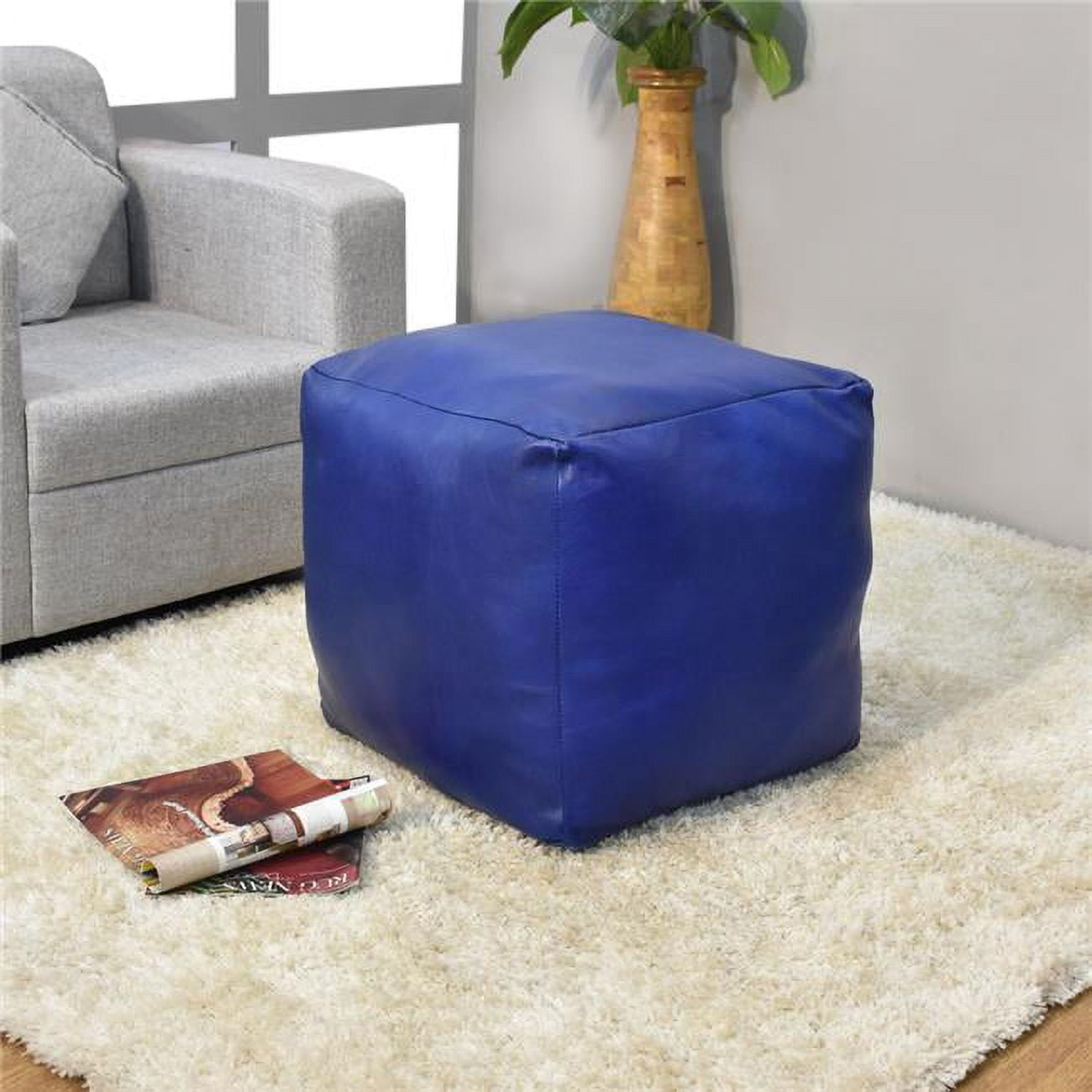 18 x 18 x 18 in. Solid Handmade Goat Leather Square Pouf, Blue