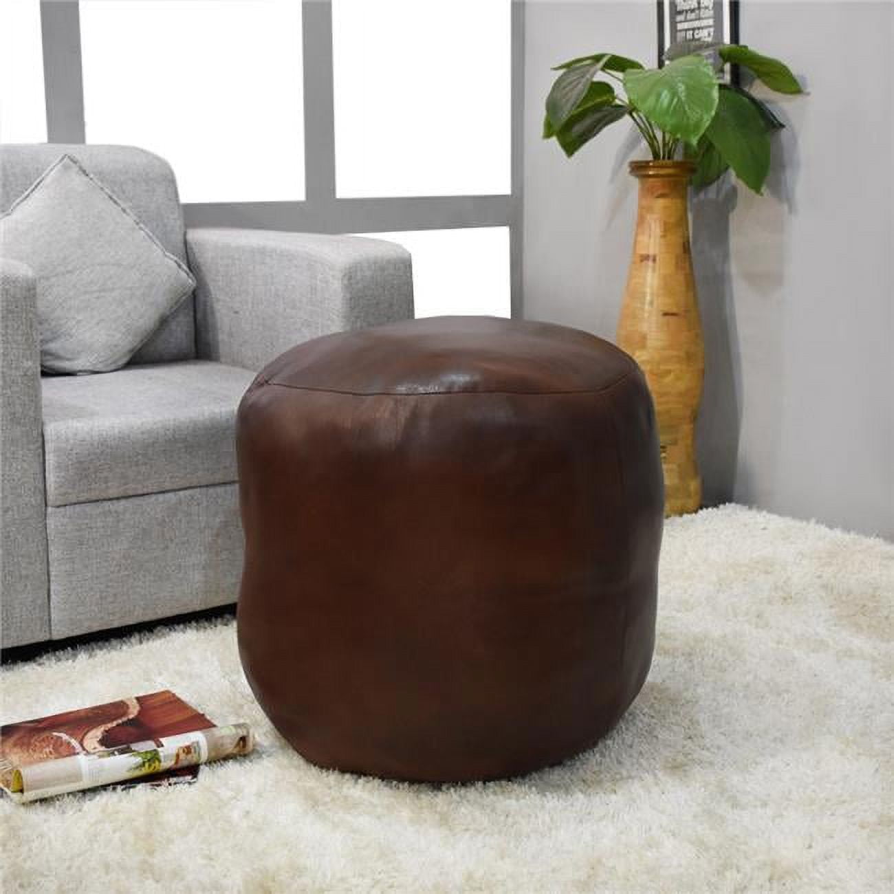 14 x 14 x 14 in. Solid Handmade Goat Leather Round Pouf, Brown