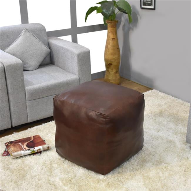 14 x 14 x 14 in. Solid Handmade Goat Leather Square Pouf, Brown