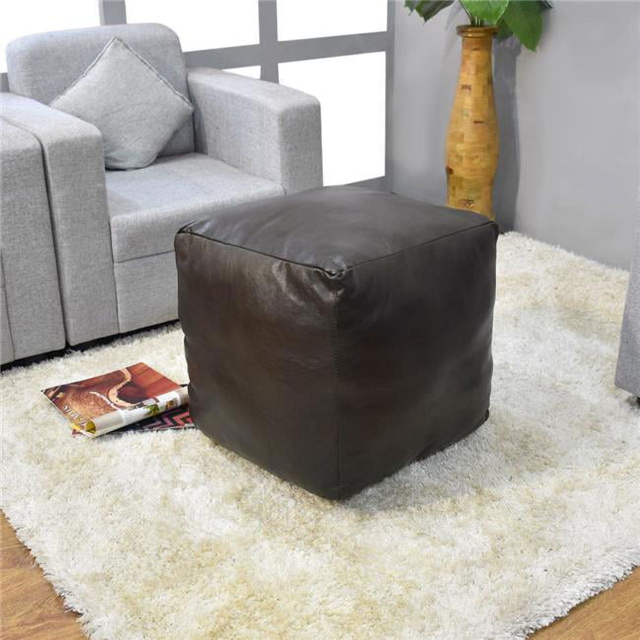 18 x 18 x 18 in. Solid Handmade Goat Leather Square Pouf, Chocolate Brown